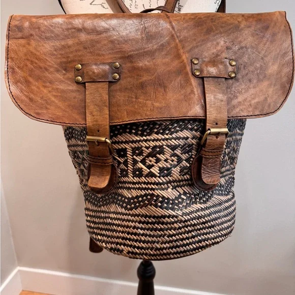 Bags | Nwt Brown Faux Leather And Rattan Woven Backpack With  display picture 2